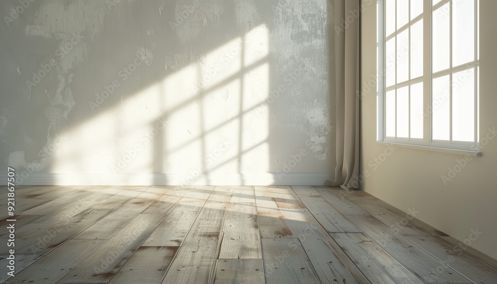 Sunlit Empty Room with White Walls and Wooden Floor, Banner with Copy Space