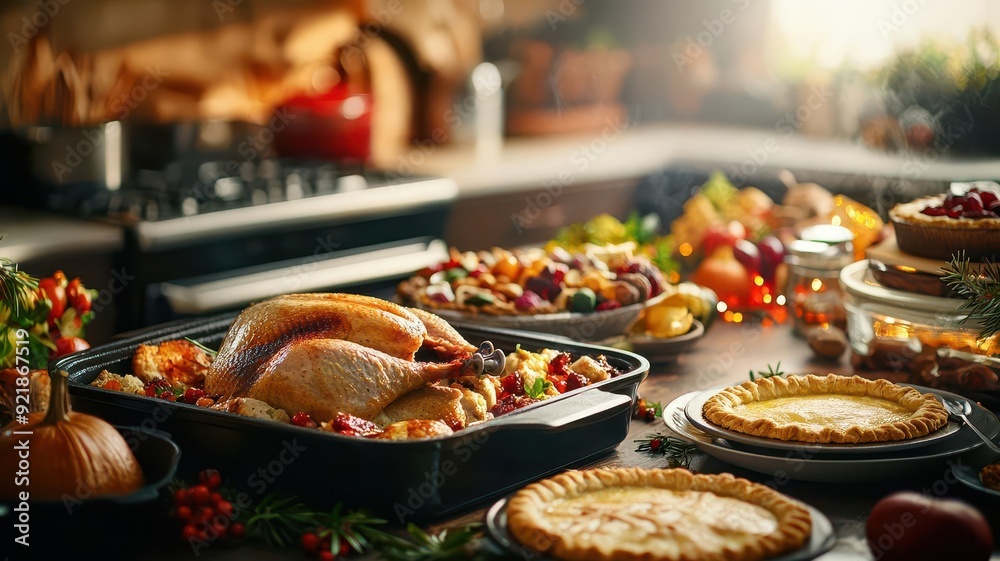 Fototapeta premium A kitchen filled with the aroma of roasting turkey and baking pies, Thanksgiving Cooking Atmosphere, capturing the sensory experience of preparing a traditional meal