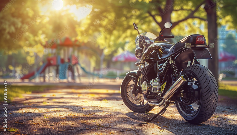 Fototapeta premium Motorcycle Parked Near Playground on Sunny Afternoon with Exhaust Fumes, Banner with Copy Space
