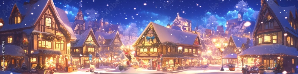 Obraz premium Enchanting Winter Cityscape: Anime-Style Illustration of Family Ice Skating Amidst Snowy Urban Wonderland. Whimsical Scene for Creative Marketing, Game Design, and Holiday Artwork.