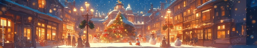 Obraz premium Enchanting Winter Wonderland: Anime-Style Cityscape Celebrating Christmas with Warm Decorations. Magical Blue-Toned Fantasy Scene for Creative Marketing, Game Design, and Holiday Artwork.
