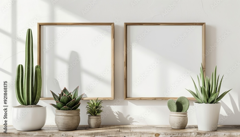 Fototapeta premium Scandi Style Frame Mockup with Green Succulents and Cactus, Neutral White Wall, 3D Illustration