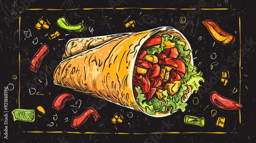 Doner, shawarma, kebab, and durum, depicted as Caucasian street food in a hand-drawn graphic style on a gray background. Includes a line art option. photo