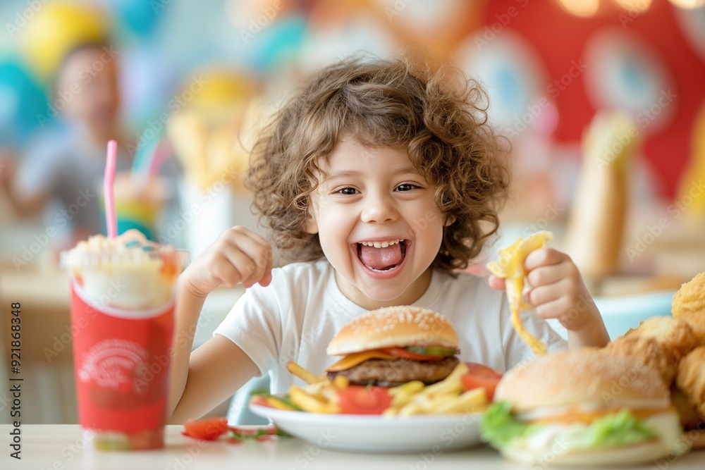 Happy child enjoying a delicious burger and fries at a restaurant. Happy child enjoying a delicious burger and fries at a restaurant.