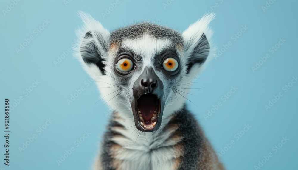 Fototapeta premium Lemur with Wide Eyes and Open Mouth Against Light Blue Background, Expressive and Alert