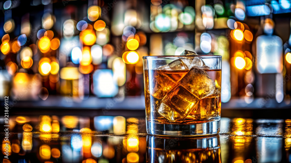 Whiskey on the Rocks in a Bar with Bokeh Lights.