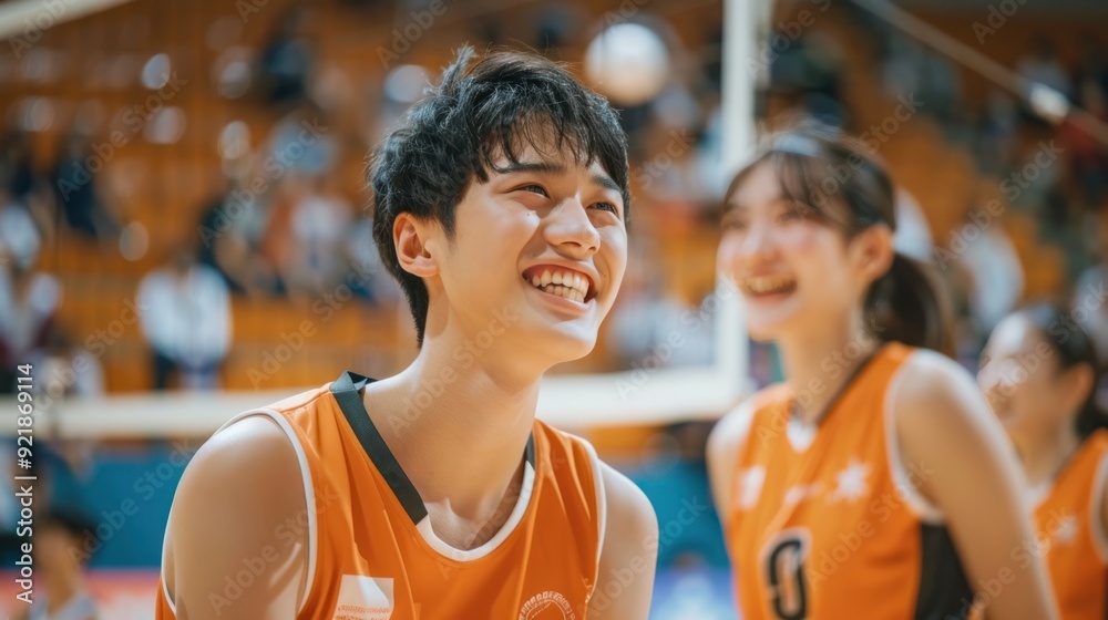Japanese male and female basketball players have fun and smile at the sports training ground. Japanese male and female basketball players have fun and smile at the sports training ground.