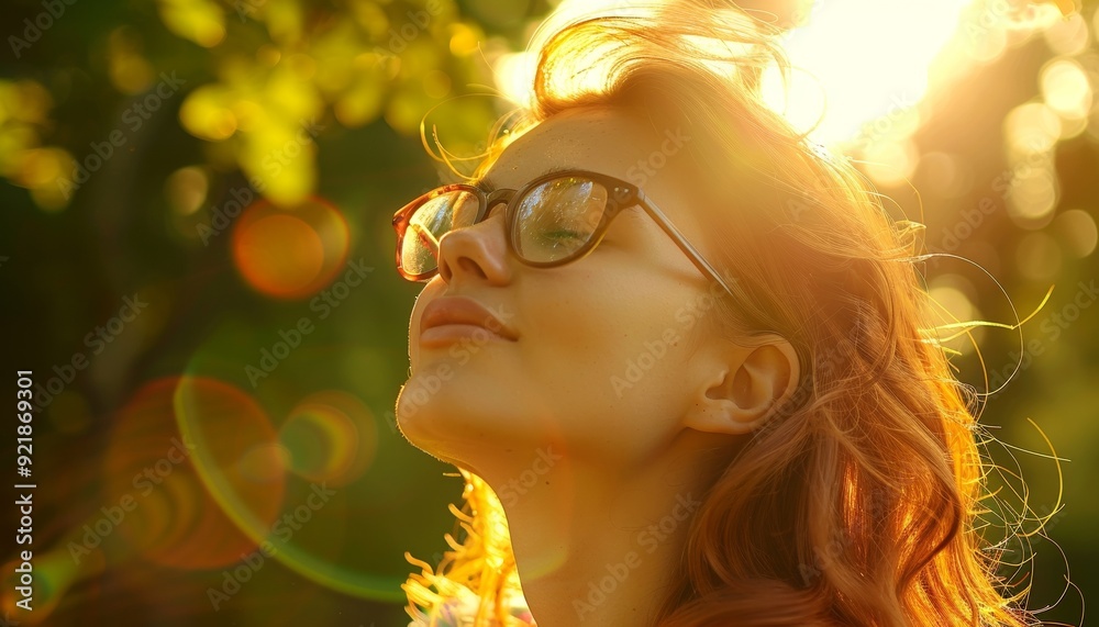 Fototapeta premium Stunning Digital Portrait of Red-Haired Woman Wearing Glasses in Sunlit Setting