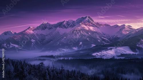 The breathtaking sight of a winter mountain range, with the early morning purple sky illuminating the snow and contrasting with the dark forest below.