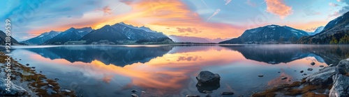 panoramic view of lake with sunset and sky