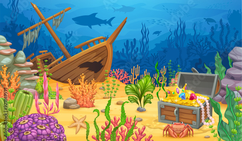 Underwater game landscape, sunken ship and treasure chest. Cartoon vector ocean world level, parallax background with shipwreck boat, pirate loot trunk, fish, coral reef, and seaweeds on sea bottom