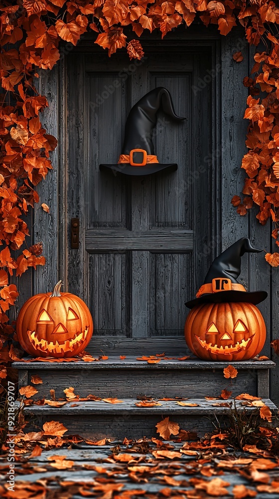 Obraz premium front door to house decorated with halloween pumpkins