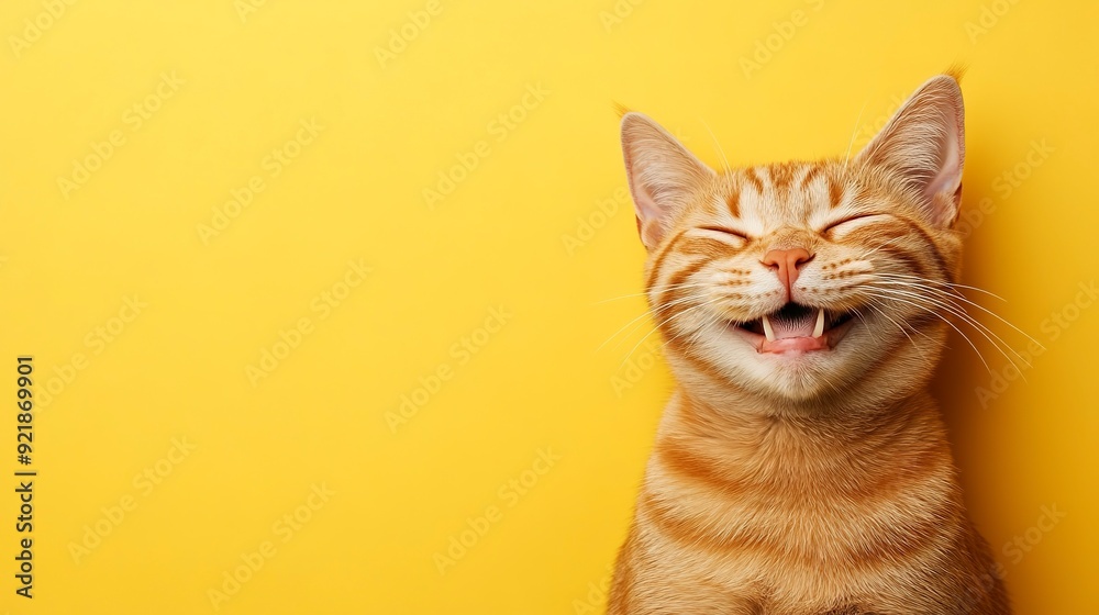 a funny happy cat is laughing isolated on yellow background, horizontal banner, copy space for text a funny happy cat is laughing isolated on yellow background, horizontal banner, copy space for text