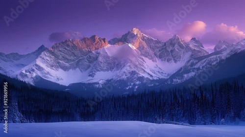 The breathtaking sight of a winter mountain range, with the early morning purple sky illuminating the snow and contrasting with the dark forest below.