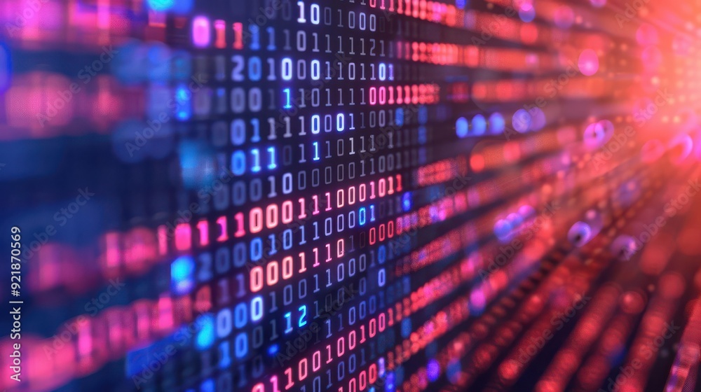 Dynamic binary code in vibrant colors representing data flow and digital innovation in a technology-driven world. Dynamic binary code in vibrant colors representing data flow and digital innovation in a technology-driven world.