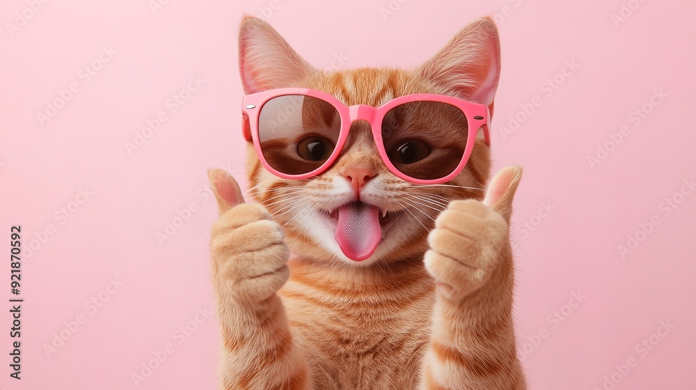 Playful orange cat with stripes, wearing cool sunglasses, sticks its tongue out and gives thumbs up with both paws, expressing approval or liking something, against soft pink background. Playful orange cat with stripes, wearing cool sunglasses, sticks its tongue out and gives thumbs up with both paws, expressing approval or liking something, against soft pink background.