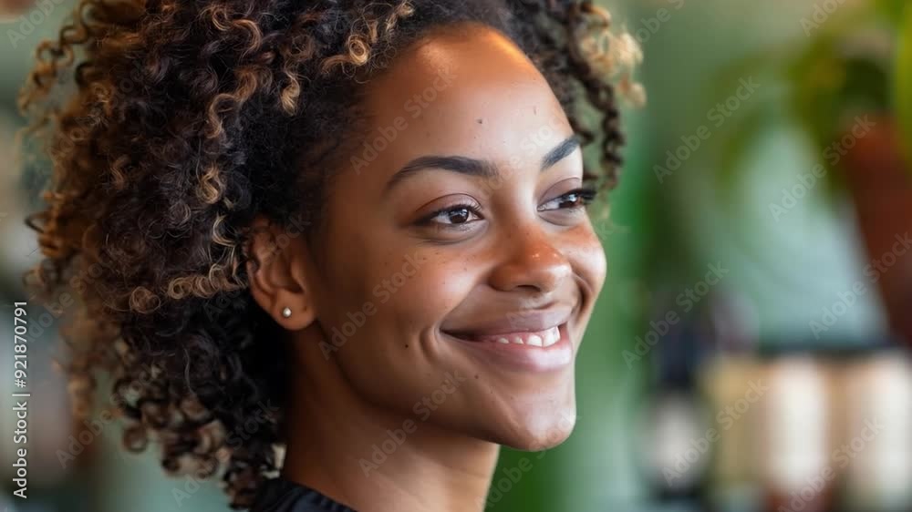 A woman with freshly styled hair smiling at her reflection, highlighting client happiness. A woman with freshly styled hair smiling at her reflection, highlighting client happiness.