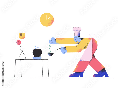 Male chef cooking soup and seasoning it