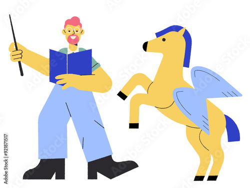 Wizard with magic stick conjuring a unicorn
