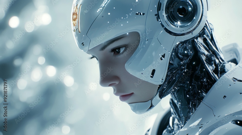 Close up portrait of a female android with a futuristic helmet. Close up portrait of a female android with a futuristic helmet.