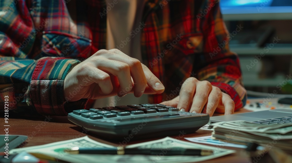 Fototapeta premium A Man Uses A Calculator, Accounting And Calculating Costs With A Stack Of Money, Highlighting Financial Management