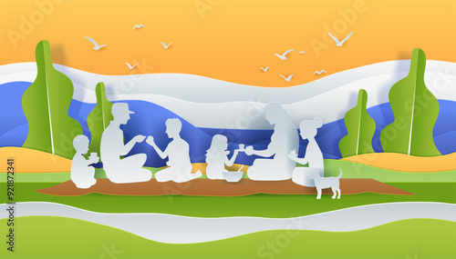 Family picnic scene paper cut style silhouettes enjoying outdoor meal with dog trees birds in background vibrant colors landscape