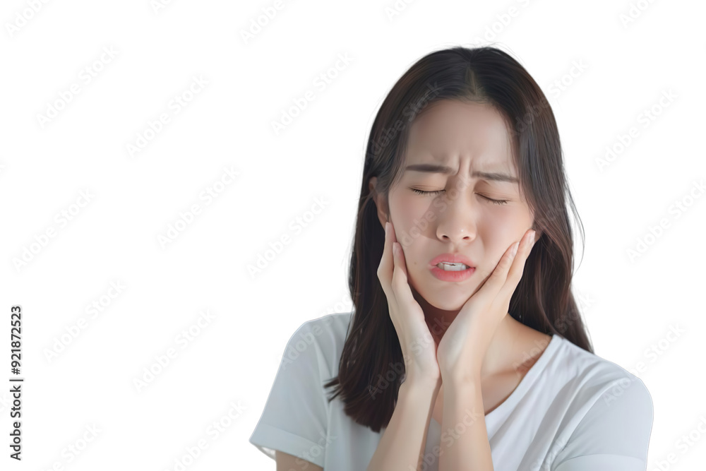 woman with toothache; sick asian woman suffering from toothache, tooth decay, tooth sensitivity, cavity, dental care concept; young adult asian woman model Isolated on transparent background. woman with toothache; sick asian woman suffering from toothache, tooth decay, tooth sensitivity, cavity, dental care concept; young adult asian woman model Isolated on transparent background.