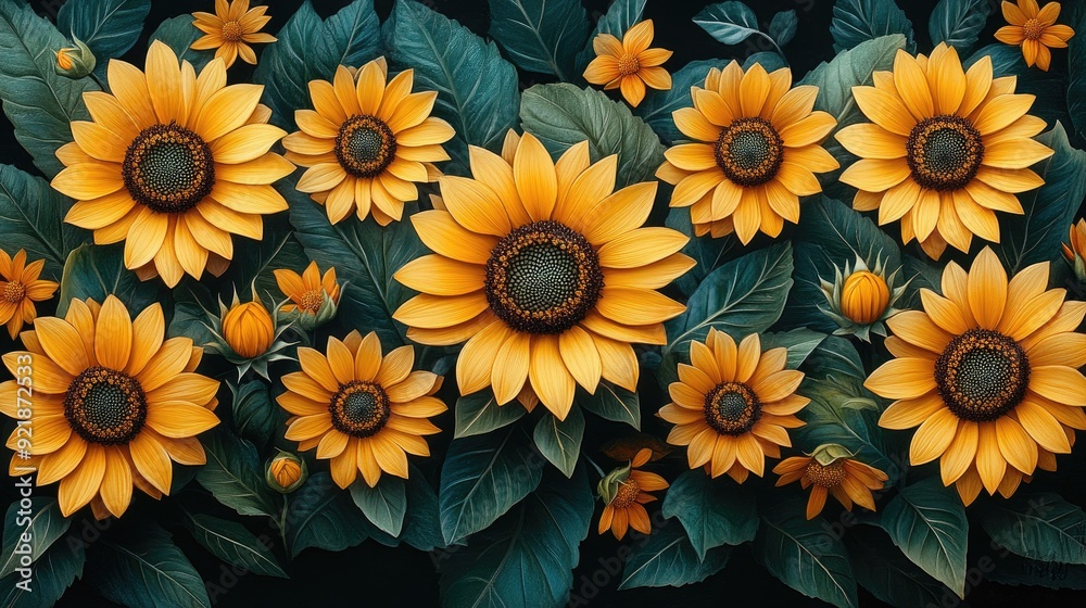 Tiny golden sunflowers with detailed green leaves on a black background, creating a vibrant and eye-catching floral pattern perfect for bold, statement fashion pieces Tiny golden sunflowers with detailed green leaves on a black background, creating a vibrant and eye-catching floral pattern perfect for bold, statement fashion pieces