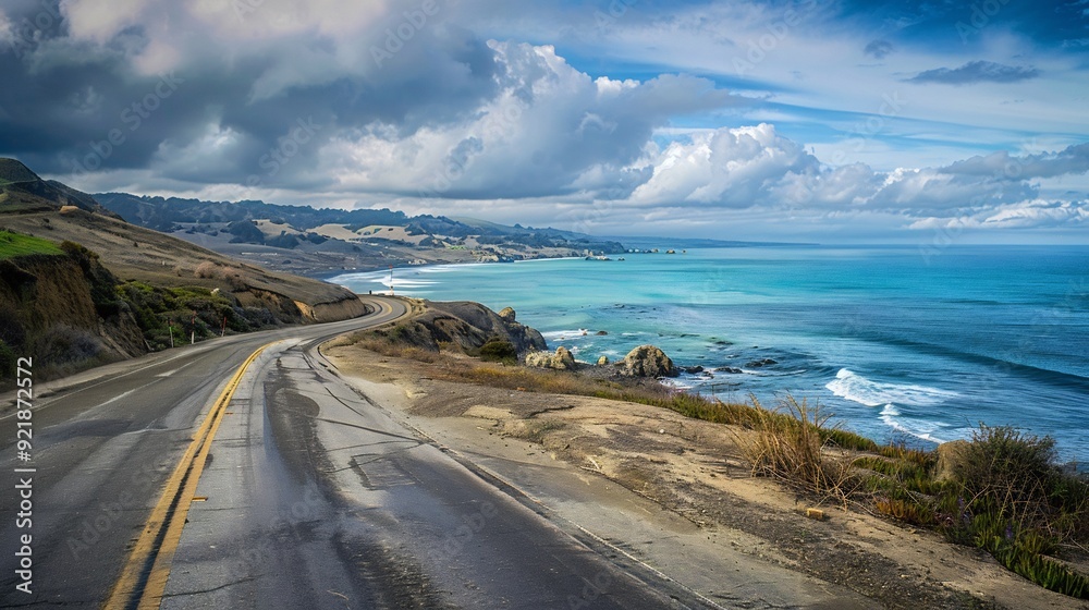 Coastal Highway with Dramatic Clouds and Turquoise Water Coastal Highway with Dramatic Clouds and Turquoise Water