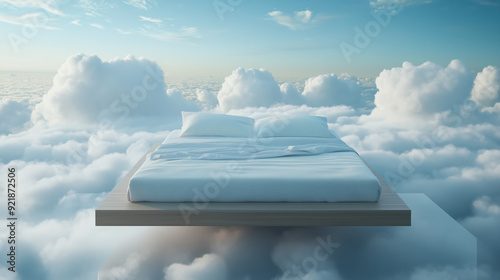 Luxurious Floating Bedframe in Serene Cloudscape: Peaceful Room Atmosphere and Dreamlike Tranquility photo