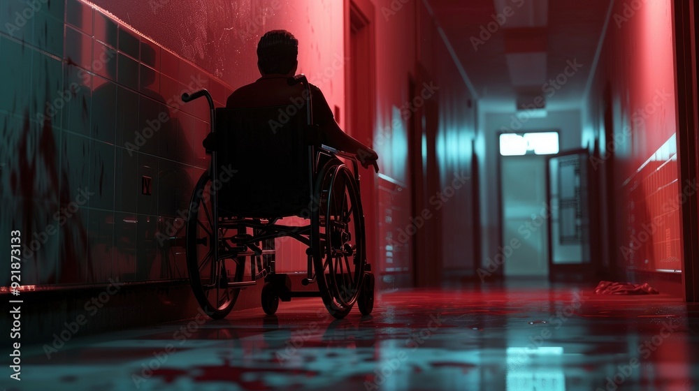 Obraz premium A Person In A Wheelchair Is Seen From The Back In A Hallway, Feeling Independent