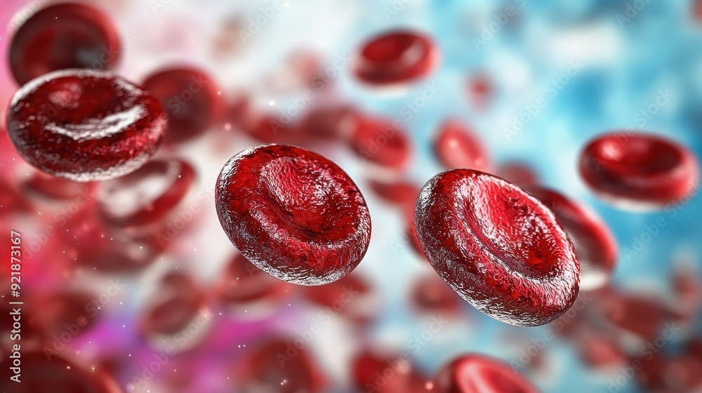 Vivid Red Blood Cells in Light Reflection on Glossy Background with Copy Space. Vivid Red Blood Cells in Light Reflection on Glossy Background with Copy Space.