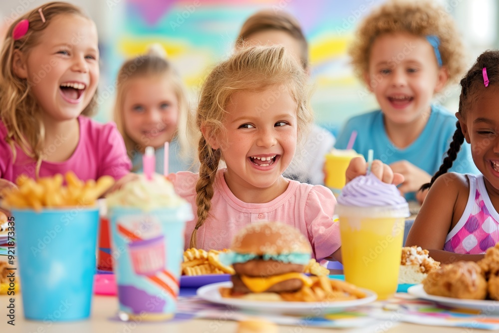 Happy children enjoying a meal together at a birthday party. Happy children enjoying a meal together at a birthday party.