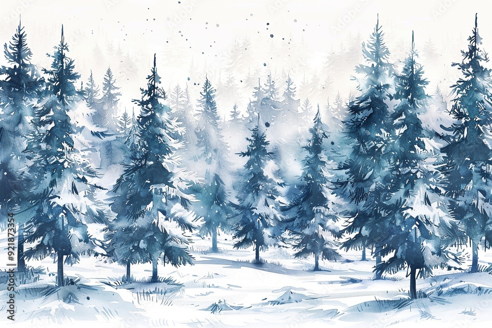 Fototapeta premium Ein Wald im Winter, Wasserfarben 