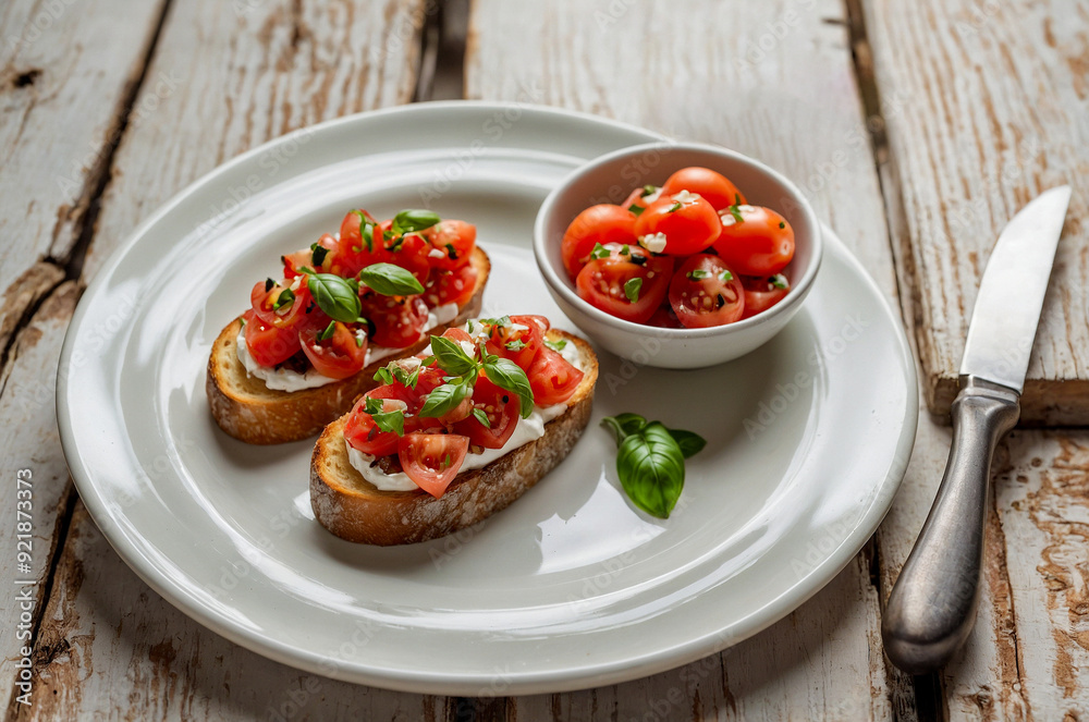 Delicious Bruschetta, Rustic Wood, Fresh Herbs