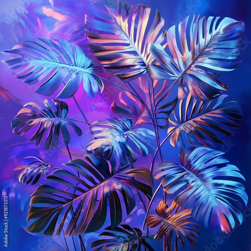 This image features neon monstera leaves glowing brilliantly, highlighted by vibrant colors and modern artistic styling, creating an eye-catching and dynamic visual effect.