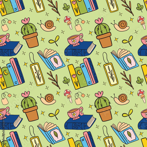 Whimsical Library-Themed Seamless Pattern with Books, Tea, and Cacti