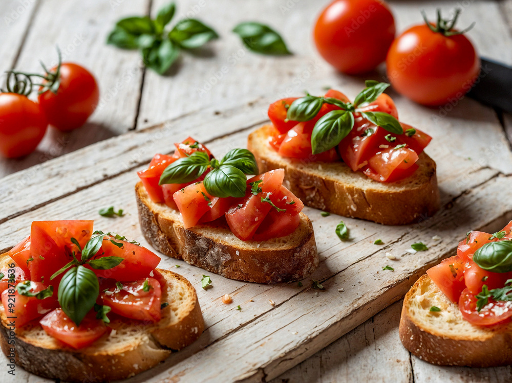 Rustic Table, Bruschetta Appetizer, Fresh Ingredients Rustic Table, Bruschetta Appetizer, Fresh Ingredients