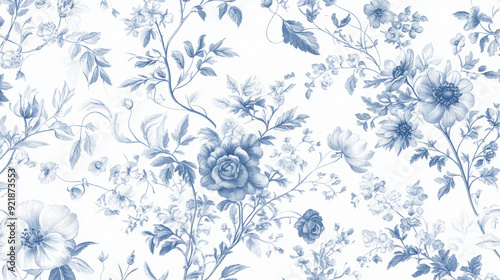 Toile De Jouy vintage floral seamless pattern, elegant vector graphics. Featuring delicate florals, wildflowers, and romantic motifs, this pattern is crafted with meticulous attention to detail.