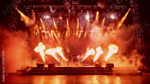 Empty Stage Prepared for a Rock Concert, Flames and Stage Smoke, Dramatic and Anticipatory Atmosphere