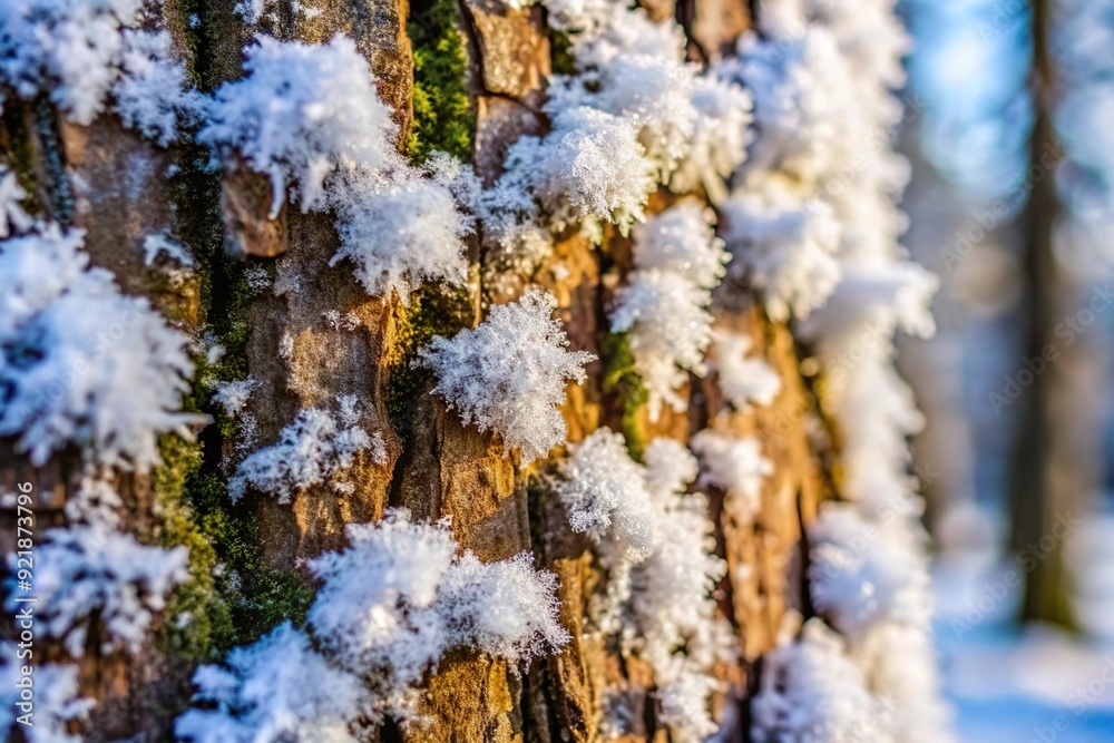 frost forming on tree bark closeup. Forest in winter season 