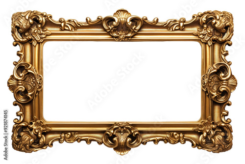 Vintage ornate gold picture frame, baroque rococo carved border. Decorative gilded photo frame for posters, invitations, mockups isolated on Transparent Background