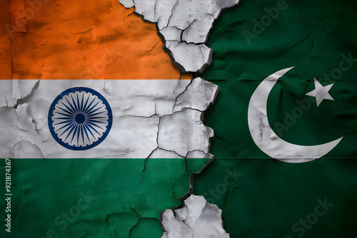 India-Pakistan Divide: Cracked earth separates the flags of India and Pakistan, symbolizing a fractured relationship and political tensions. 