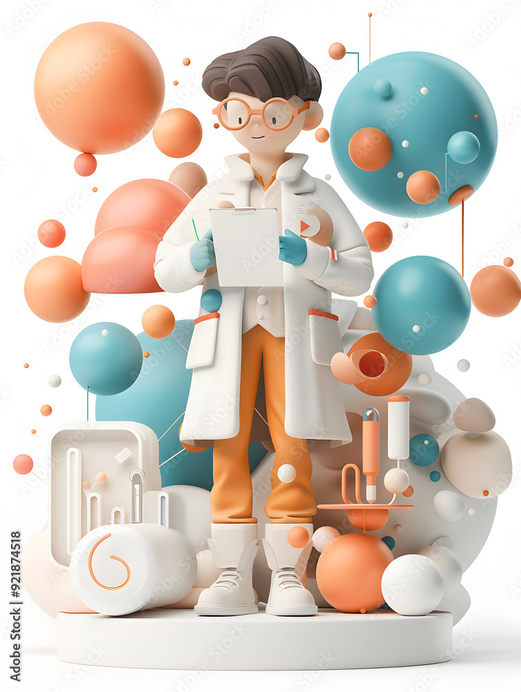 3D Flat Icon of Researcher with Data and Presentation Concept for Online Meetings   Dreamy Background with Ample Space for Text and Graphics