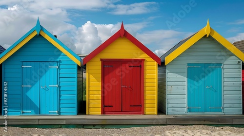 Colorful Beach Cabins Under a Cloudy Sky