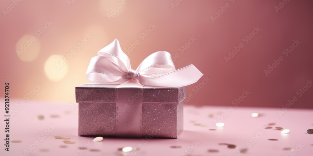 Pink Gift Box with Soft Pink Ribbon Bow on a Table on a Pink Background, copy space Pink Gift Box with Soft Pink Ribbon Bow on a Table on a Pink Background, copy space