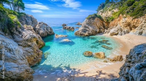 A beautiful beach with a rocky shoreline and a secluded cove. The clear blue water contrasts with the rugged rocks, and the tranquil setting is perfect for a quiet escape from the hustle and bustle