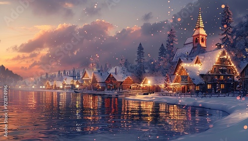 A beautiful Christmas village by the lake, with snow on buildings