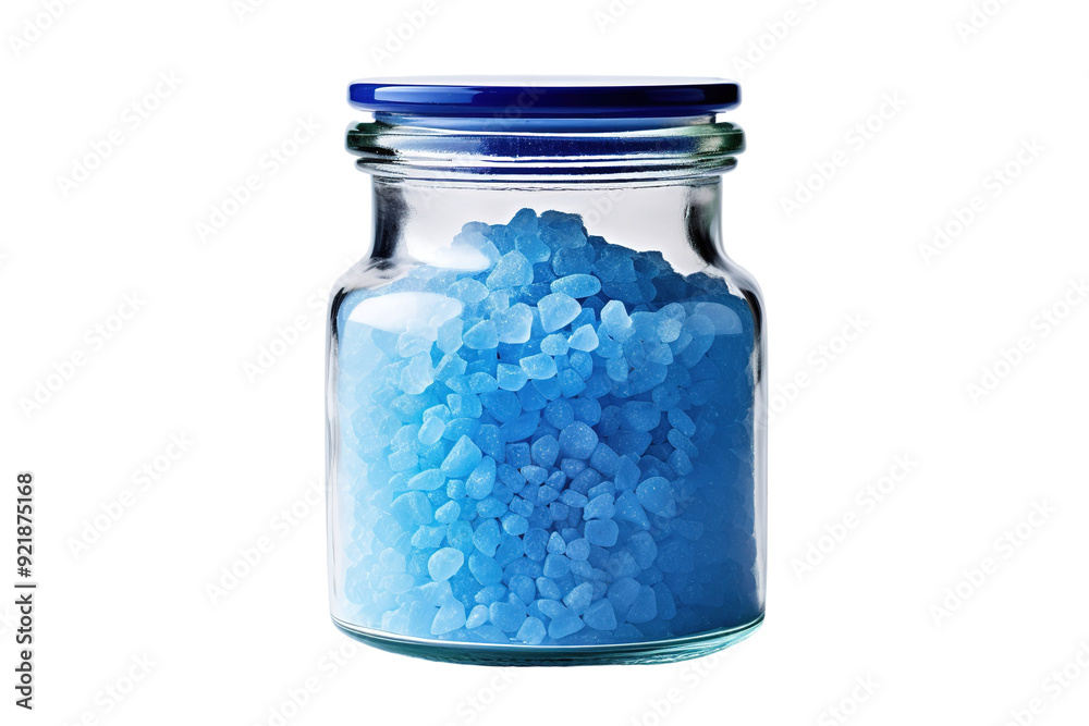 Vibrant Blue Crystals in Clear Glass Jar Enhance Tranquil Atmosphere for Spa Retreat on White or PNG Transparent Background. Vibrant Blue Crystals in Clear Glass Jar Enhance Tranquil Atmosphere for Spa Retreat on White or PNG Transparent Background.