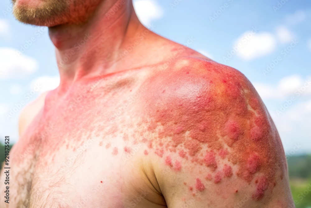 Naklejka premium Sunburnt Skin with Blisters Closeup.